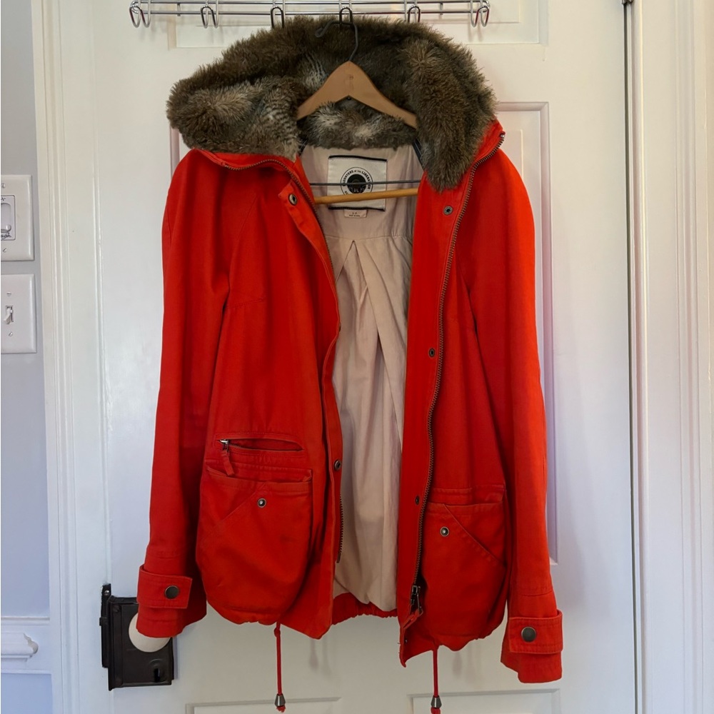 Anthropologie Daughters of the Liberation Hooded Faux Fur Orange Coat